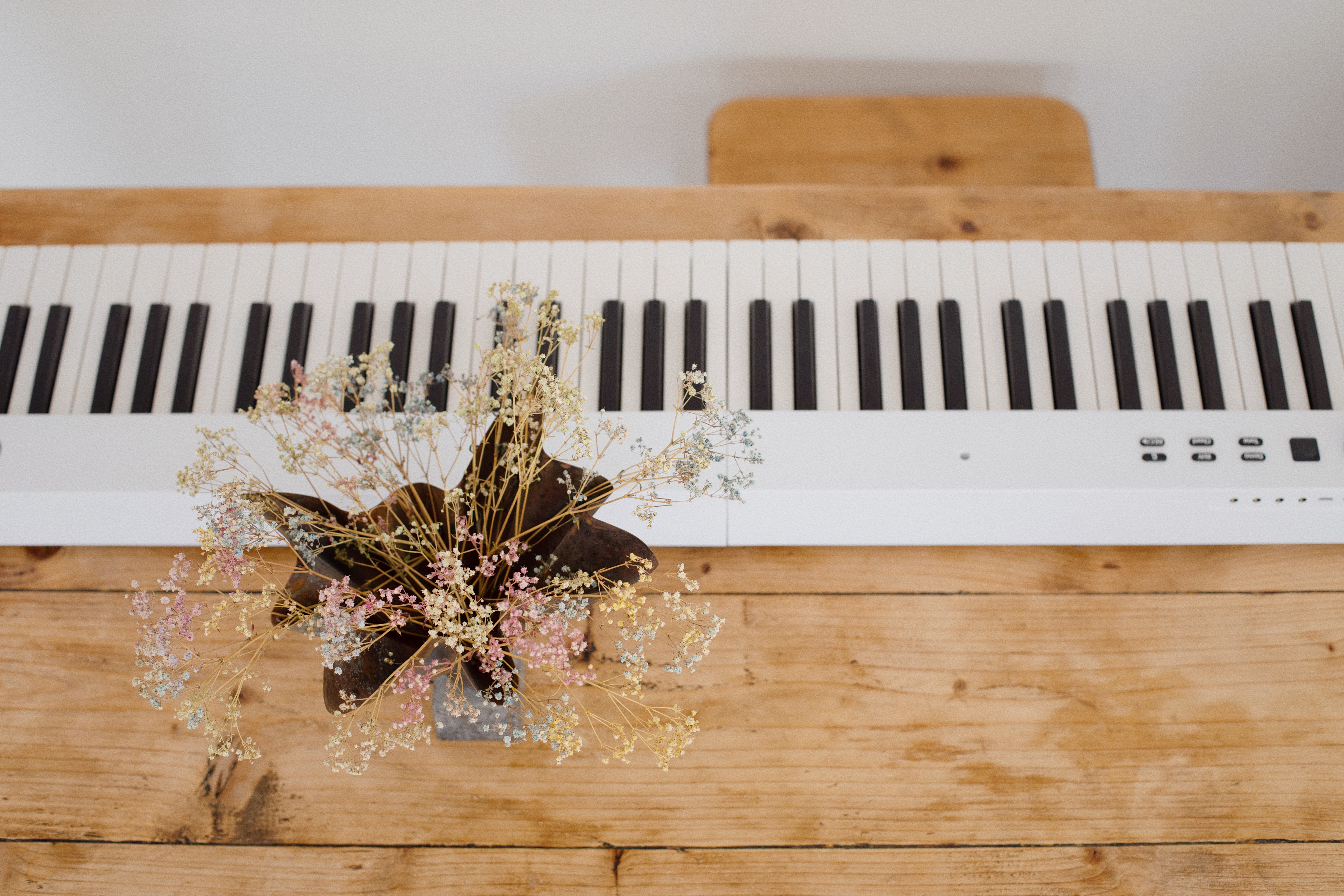 Dried flowers beside piano keys